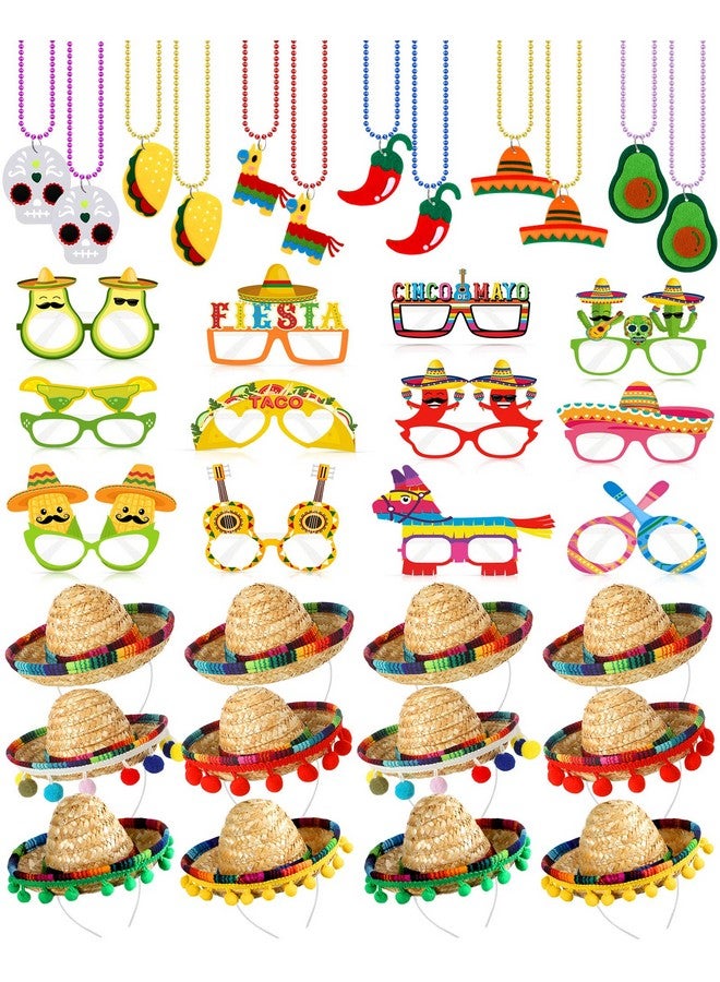 36 Pcs Fiesta Party Supplies Fabric Straw Sombrero Headbands Necklaces Eyeglasses For Mexican Themed Party Favors (Modern Style)