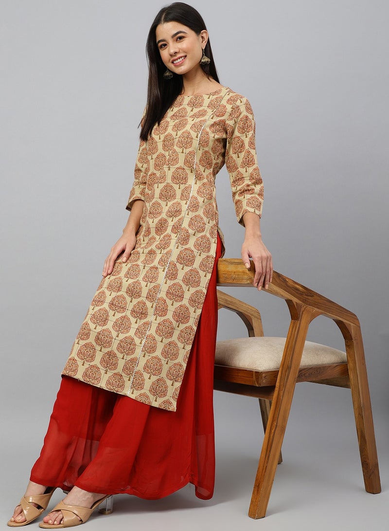 IndHeritage - Onam kurti / kurta collection - Premium cotton kurti - Cream colour women's kurti / kurta with red ethnic prints - Indian Kurti IDH00060