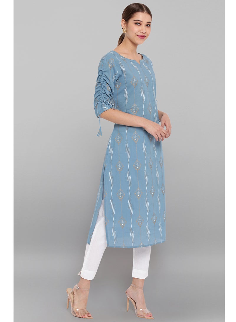 IndHeritage - Premium cotton kurti - Bondi blue colour women's kurti / kurta with white ethnic prints - Indian Kurti IDH00062