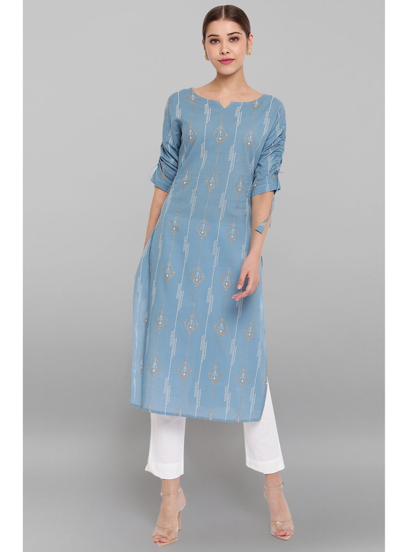 IndHeritage - Premium cotton kurti - Bondi blue colour women's kurti / kurta with white ethnic prints - Indian Kurti IDH00062