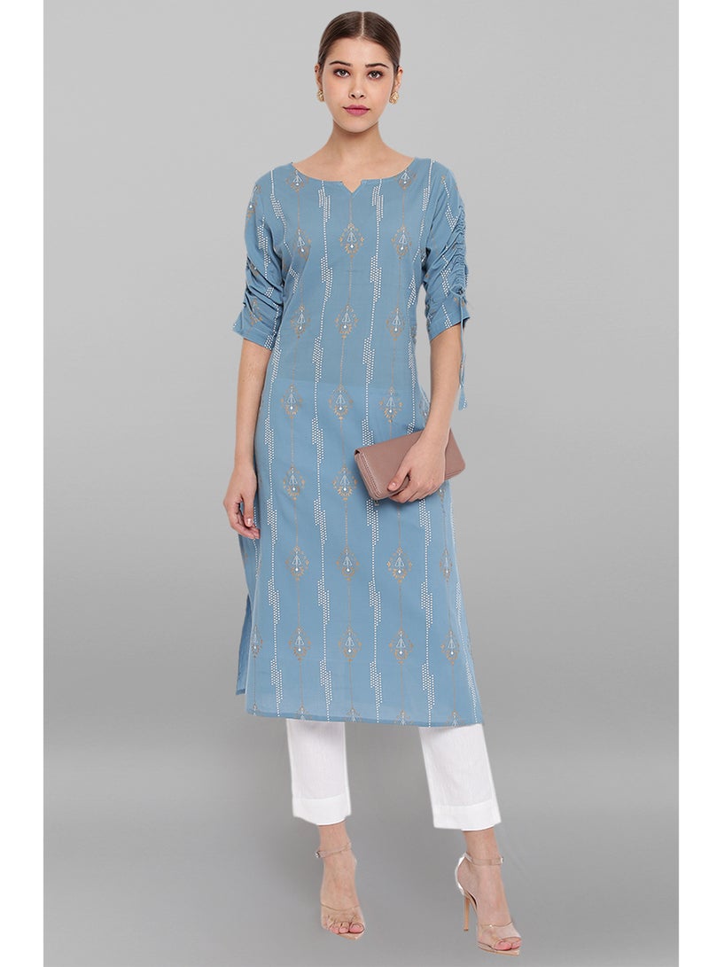 IndHeritage - Premium cotton kurti - Bondi blue colour women's kurti / kurta with white ethnic prints - Indian Kurti IDH00062