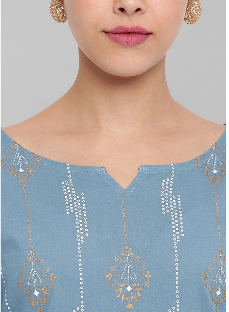 IndHeritage - Premium cotton kurti - Bondi blue colour women's kurti / kurta with white ethnic prints - Indian Kurti IDH00062