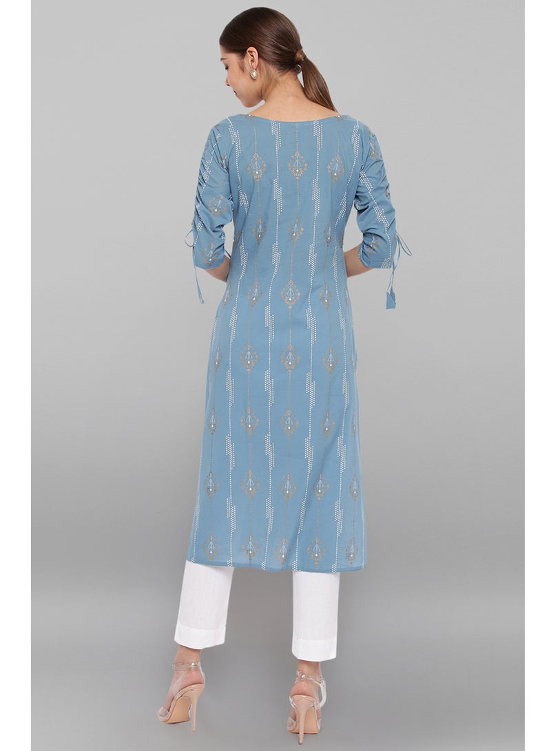 IndHeritage - Premium cotton kurti - Bondi blue colour women's kurti / kurta with white ethnic prints - Indian Kurti IDH00062