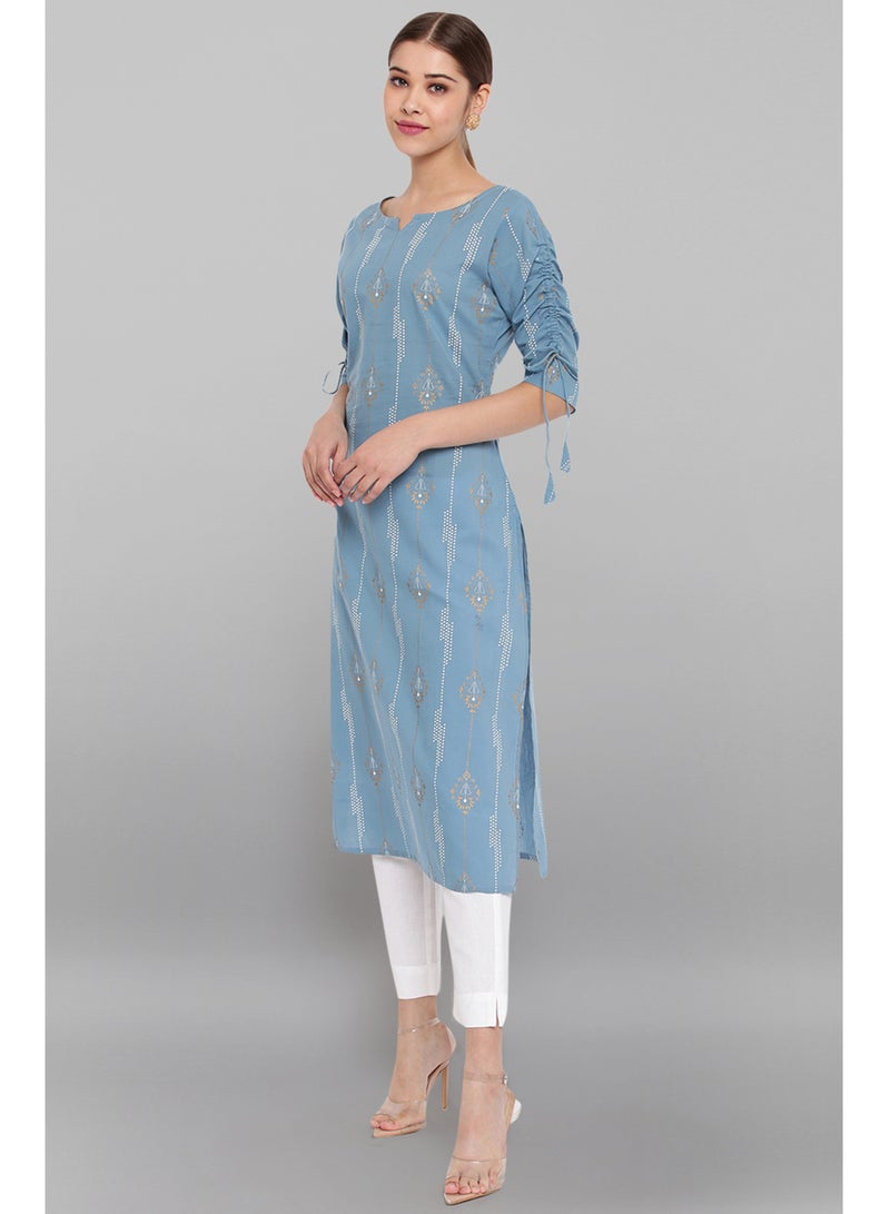 IndHeritage - Premium cotton kurti - Bondi blue colour women's kurti / kurta with white ethnic prints - Indian Kurti IDH00062