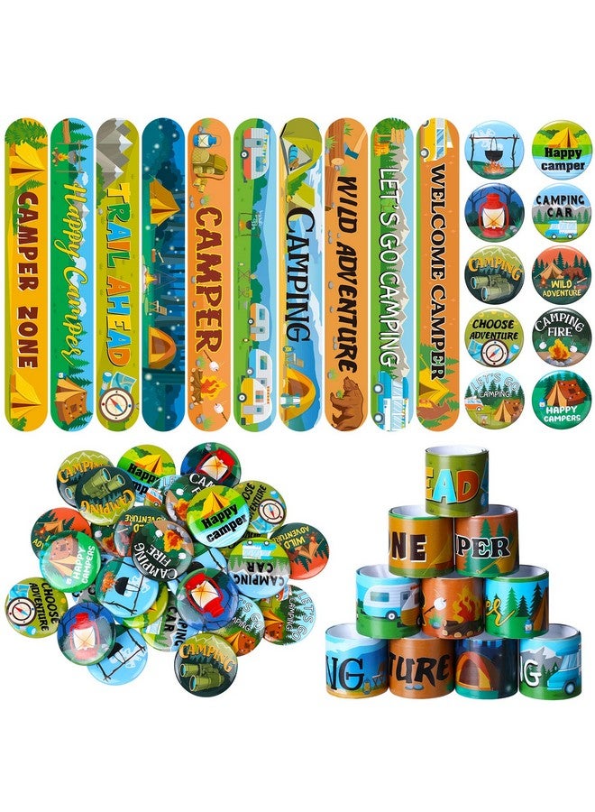 60 Pcs Camping Slap Bracelets Camping Party Decorations Camper Badge Camper Party Gifts Wristbands Camper Pin For Kids Boys Camping Classroom Birthday Party Decoration Forest Adventure Decor