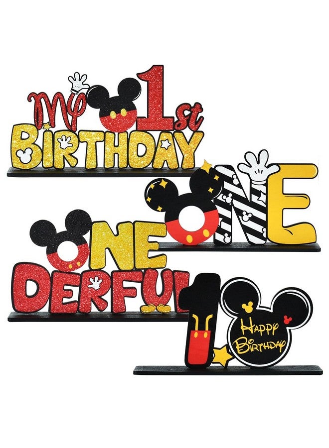 Mouse 1St Birthday Party Supplies 1St Table Centerpieces Mouse Cartoon Theme Design And Sturdy Wooden Material For One Year Old Birthday Party Favors 1St Birthday Party Decorations (4 Pcs)