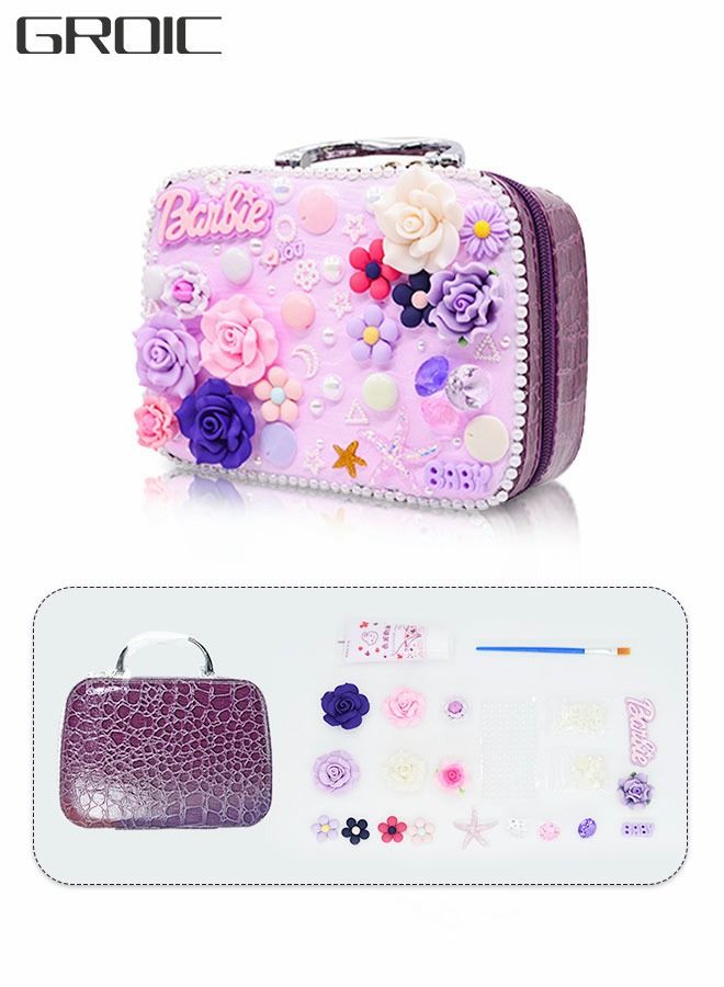 Girls Makeup Bag, Travel Cosmetic Bag Purple, Multifunctional Handbag with DIY Materials for Kids