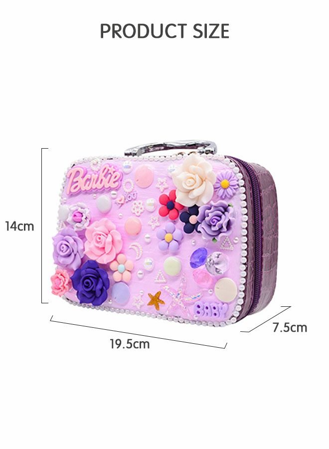 Girls Makeup Bag, Travel Cosmetic Bag Purple, Multifunctional Handbag with DIY Materials for Kids