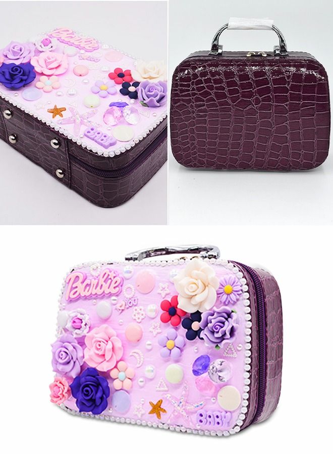 Girls Makeup Bag, Travel Cosmetic Bag Purple, Multifunctional Handbag with DIY Materials for Kids