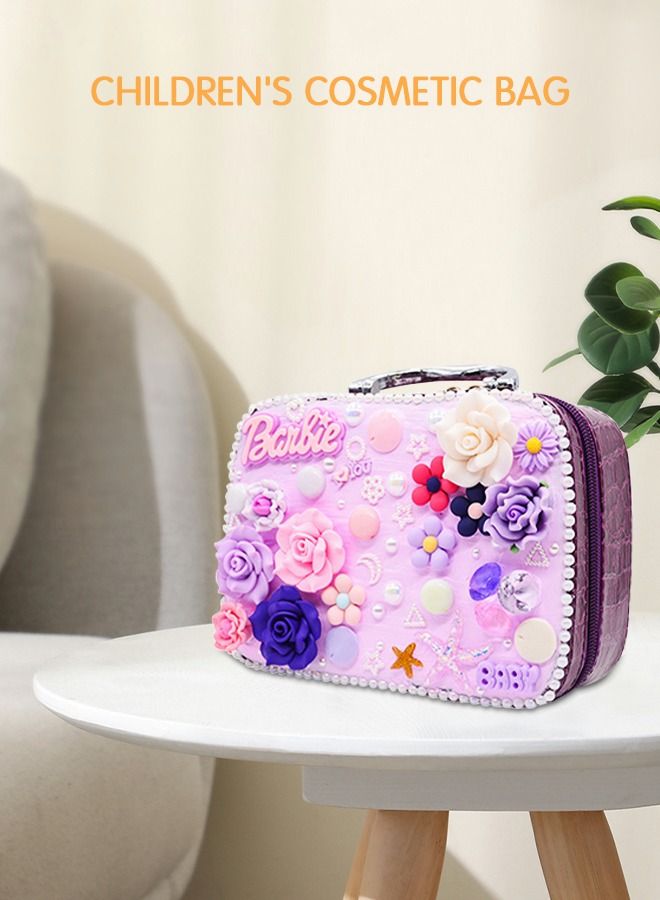 Girls Makeup Bag, Travel Cosmetic Bag Purple, Multifunctional Handbag with DIY Materials for Kids