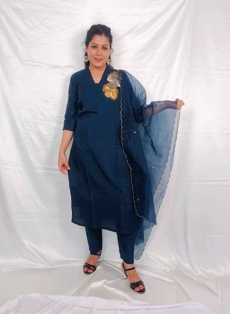 PRIYA'S PANACHE Royal Blue Silk Collared Straight Kurta Pant Set with Organza dupatta.
