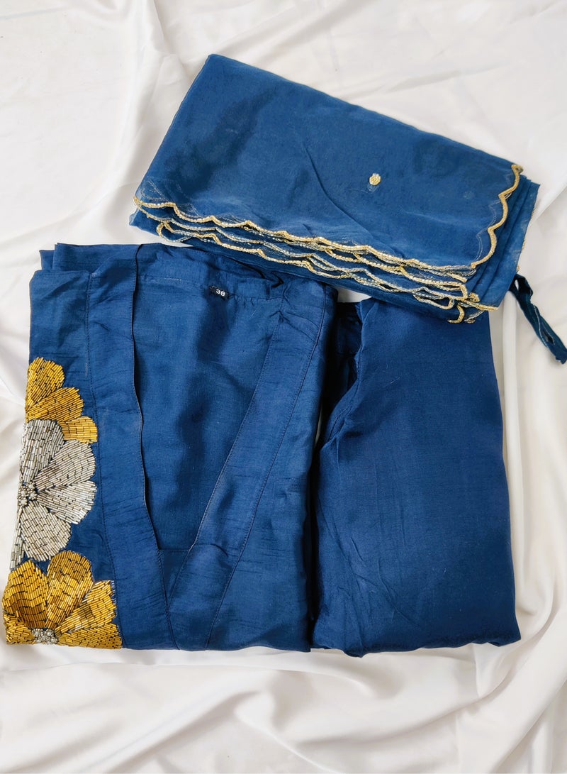 PRIYA'S PANACHE Royal Blue Silk Collared Straight Kurta Pant Set with Organza dupatta.