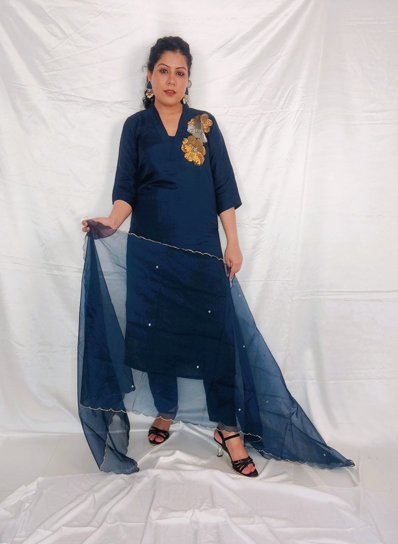 PRIYA'S PANACHE Royal Blue Silk Collared Straight Kurta Pant Set with Organza dupatta.