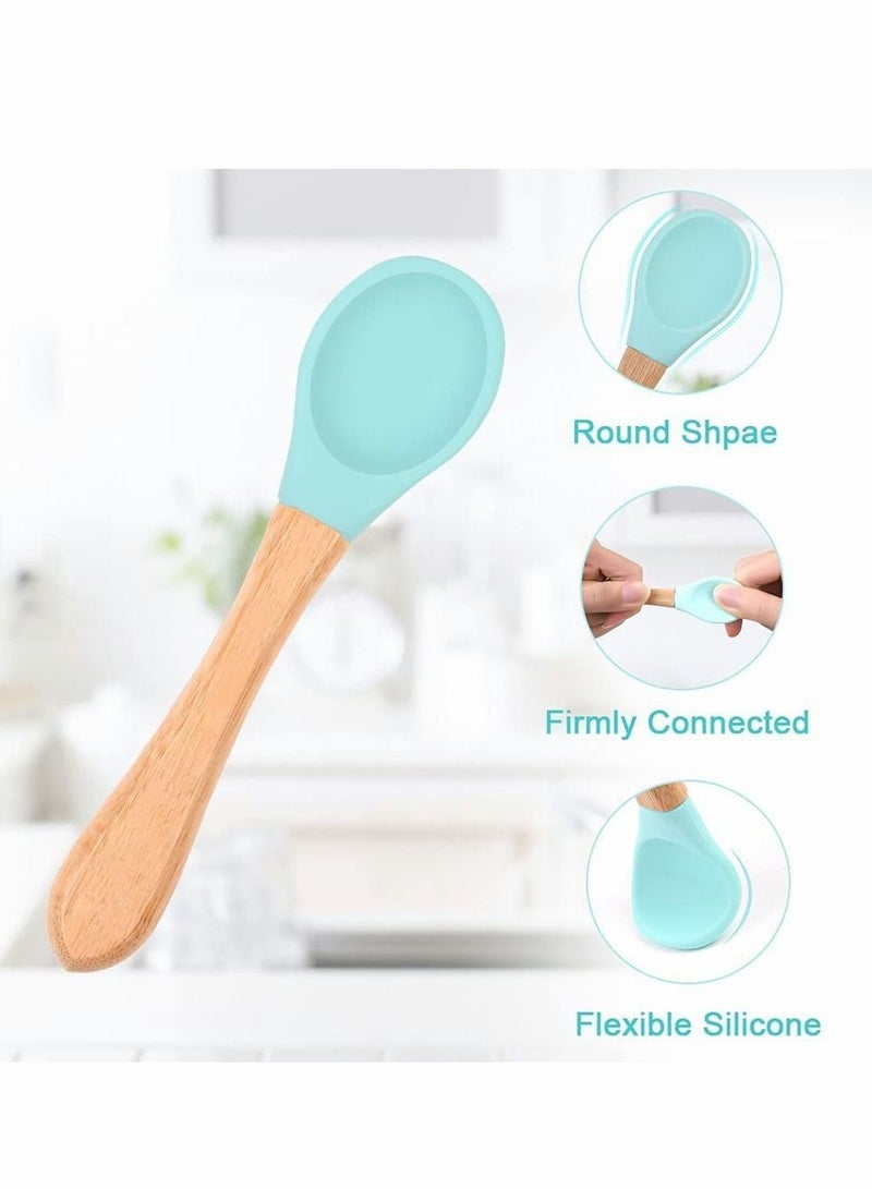 Baby Spoon, 7 Pcs Baby Feeding Spoons with Soft Curved Silicone Tips, Bamboo Natural Safe Weaning Feeding Spoons, BPA-Free, Safe Utensils for Toddlers Kids Infants, for Toddler Self Feeding Training