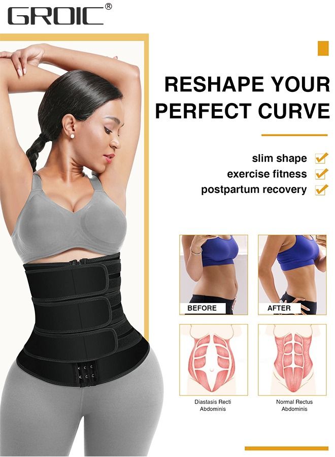 Waist Trainer for Women Triple Belt Body Shaper Waist Trainer Corset with 3 Velcro and 3 Rows Closure, Sauna Workout Trimmer Belts Underbust Corset Tummy Control Hourglass Slimming Belly Body Shaper