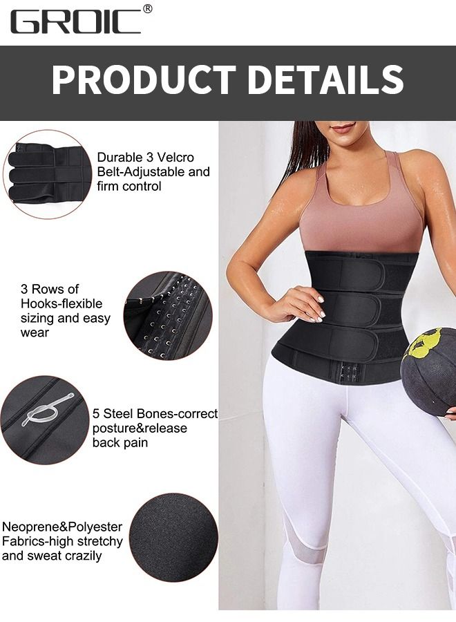 Waist Trainer for Women Triple Belt Body Shaper Waist Trainer Corset with 3 Velcro and 3 Rows Closure, Sauna Workout Trimmer Belts Underbust Corset Tummy Control Hourglass Slimming Belly Body Shaper