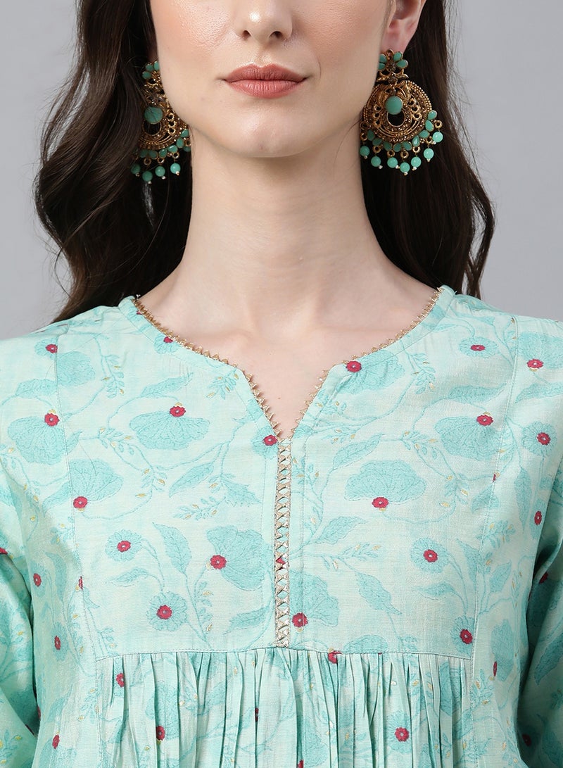 IndHeritage Kurti- Premium cotton kurti - Onam kurti collection - Turquoise colour women's kurti / kurta with red floral prints - Indian Kurti IDH00091