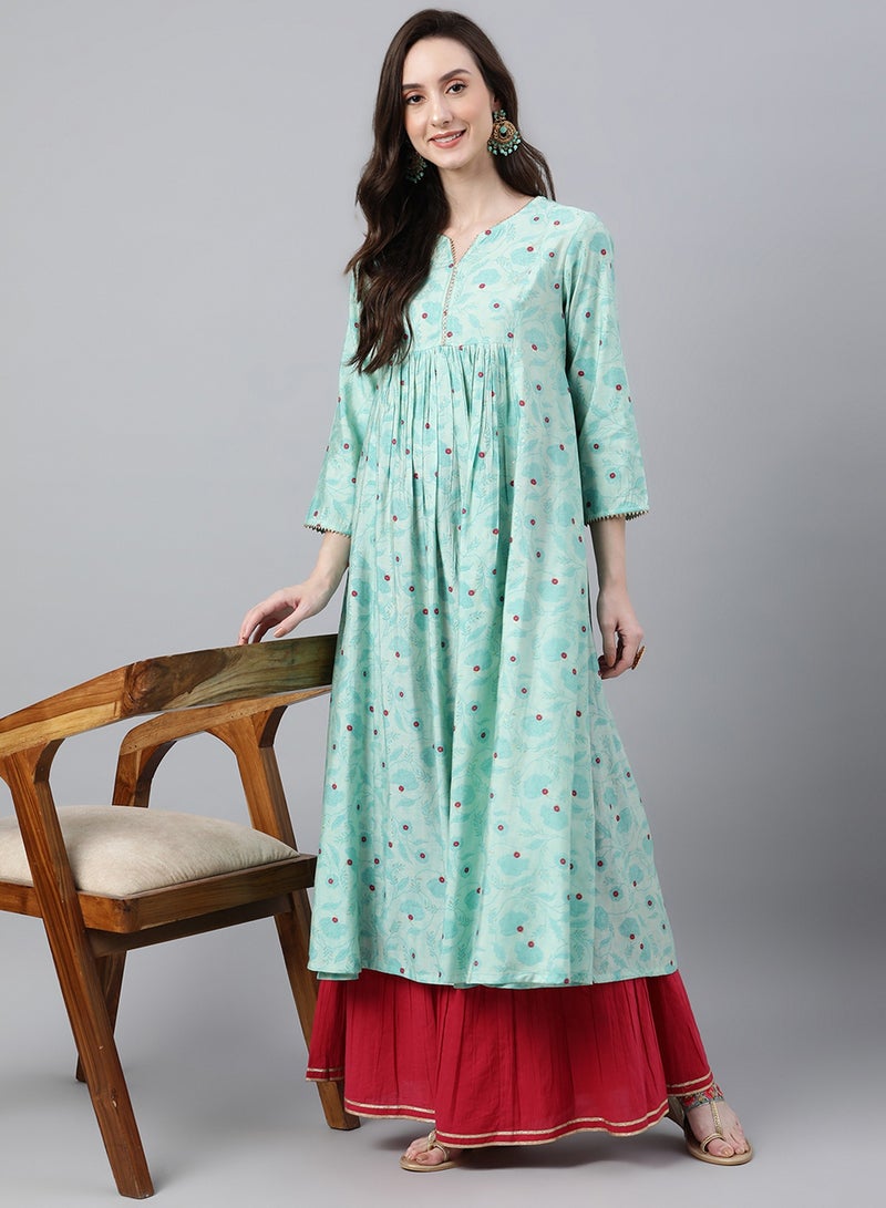 IndHeritage Kurti- Premium cotton kurti - Onam kurti collection - Turquoise colour women's kurti / kurta with red floral prints - Indian Kurti IDH00091