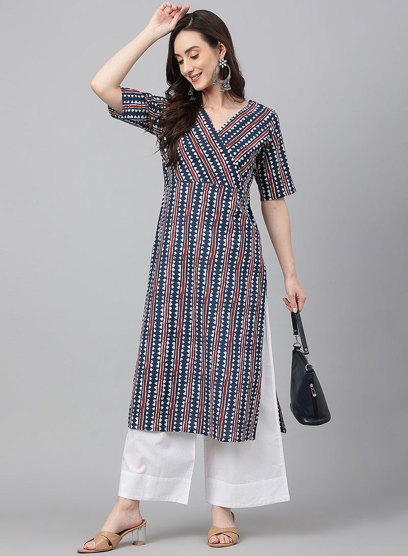 IndHeritage - Premium cotton kurti - Office kurti / Casual kurti Red & blue colour printed women's kurti / kurta  - Indian Kurti IDH00082