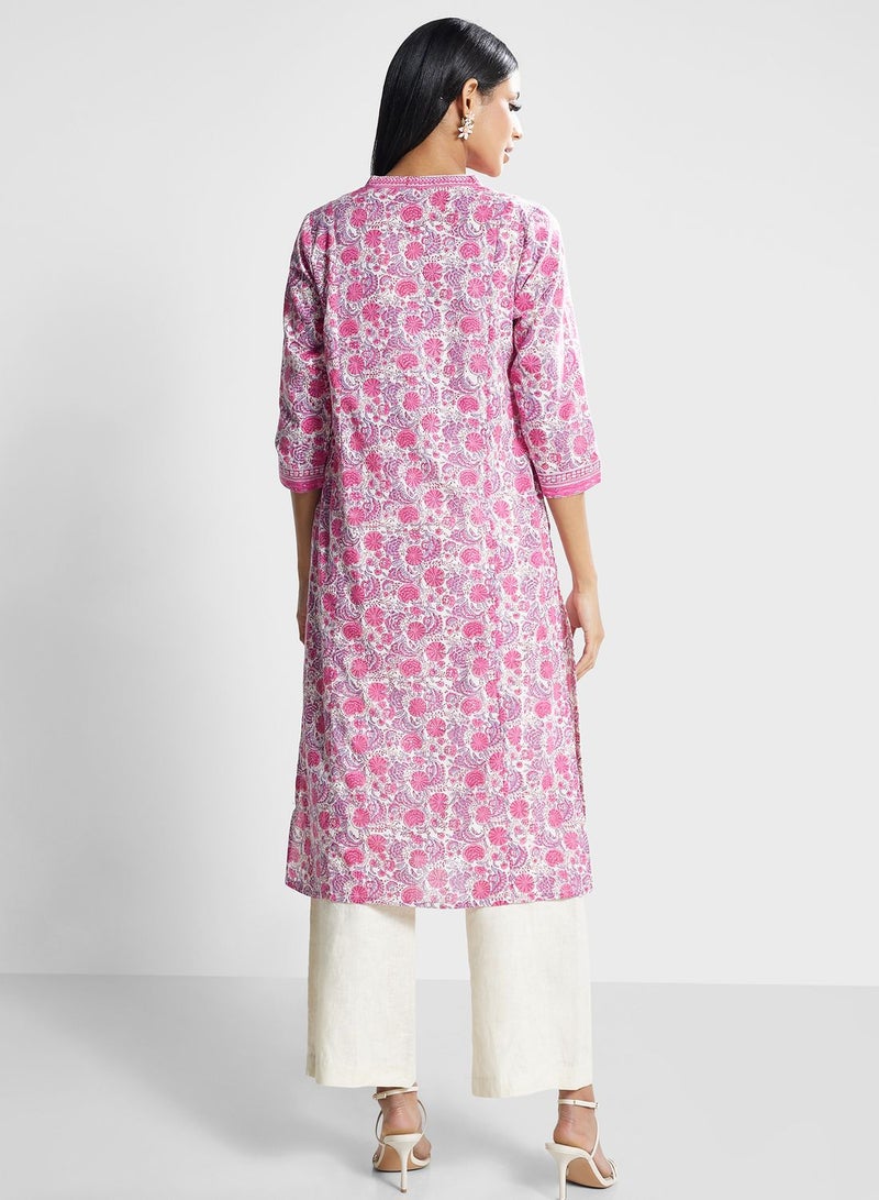 V-Neck Floral Print Kurti