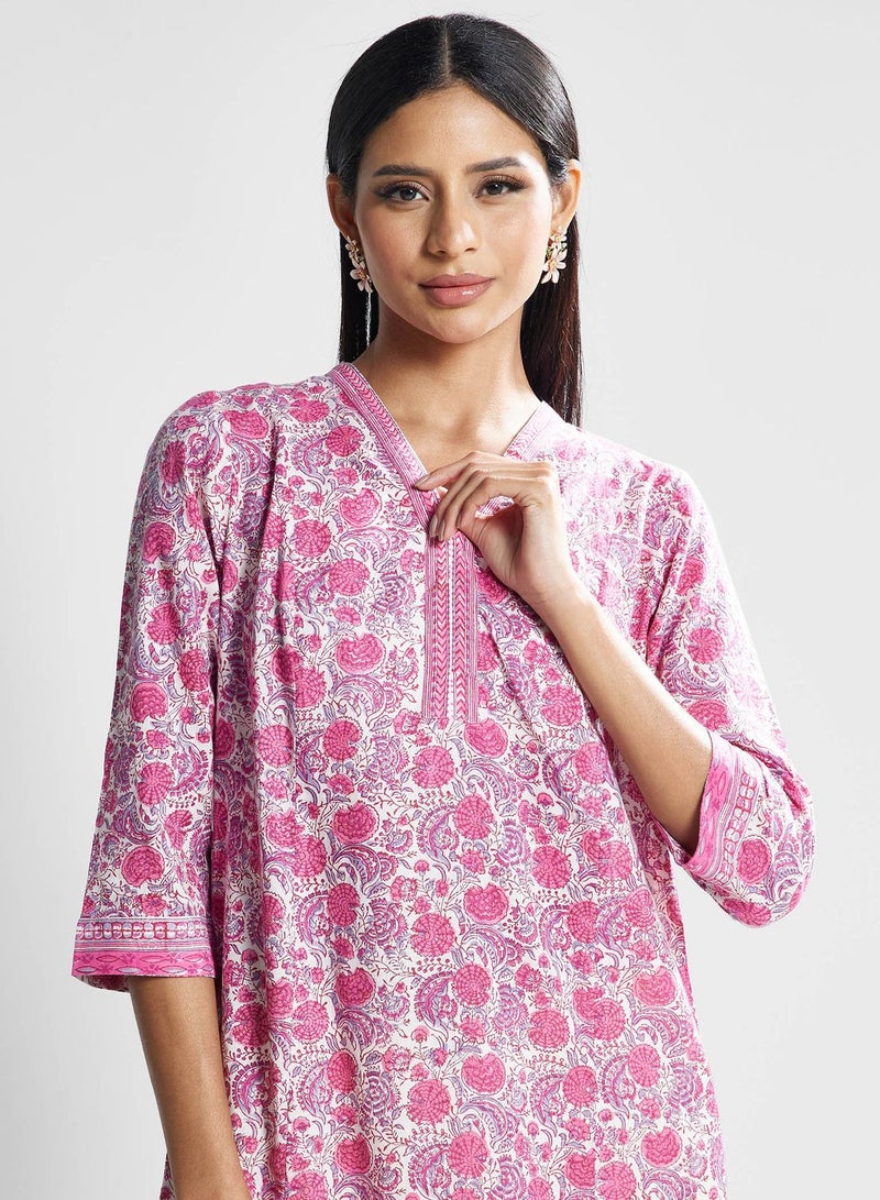 V-Neck Floral Print Kurti