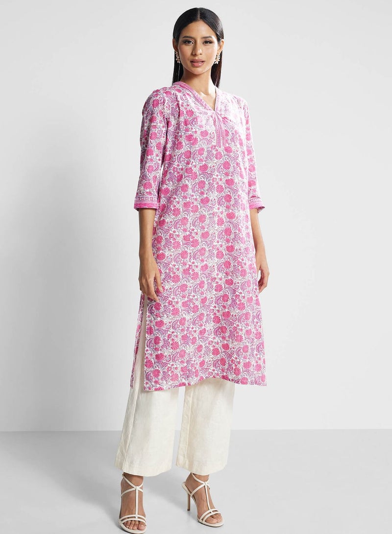 V-Neck Floral Print Kurti