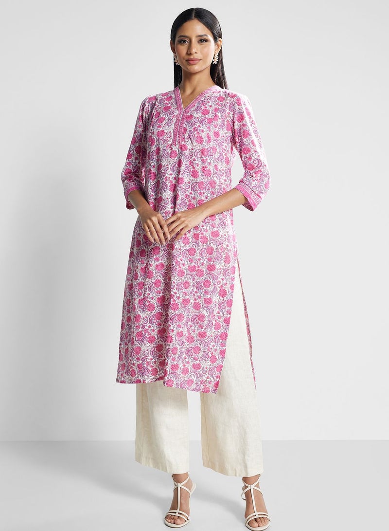 V-Neck Floral Print Kurti