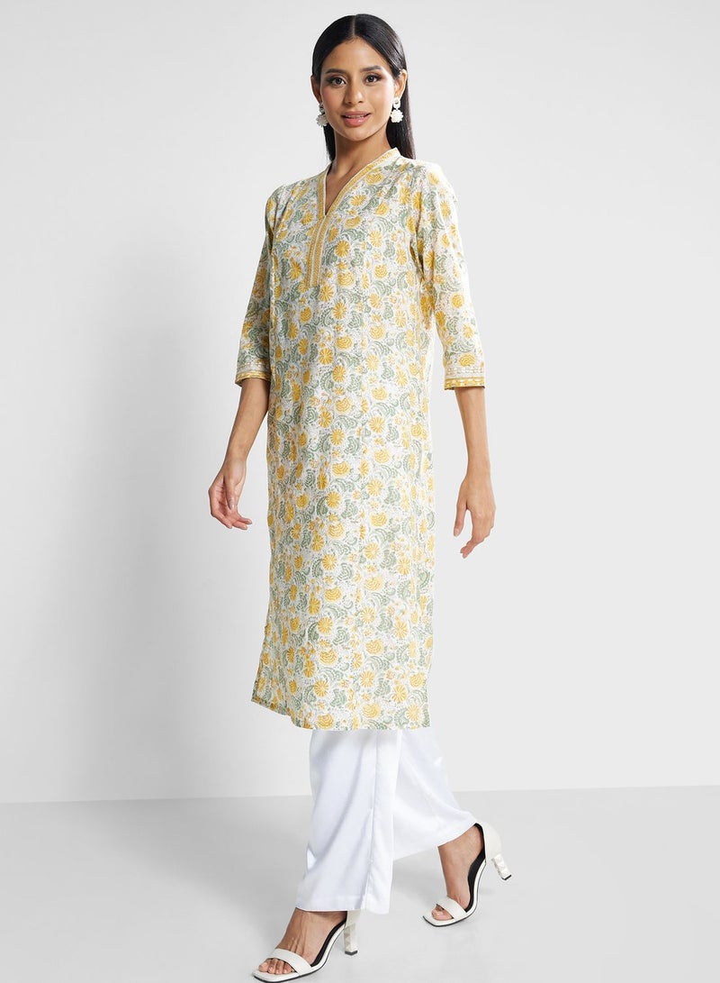 V-Neck Floral Print Kurti