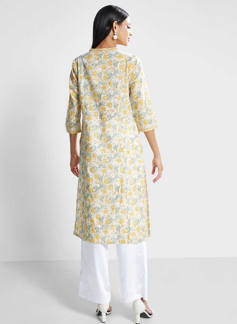 V-Neck Floral Print Kurti