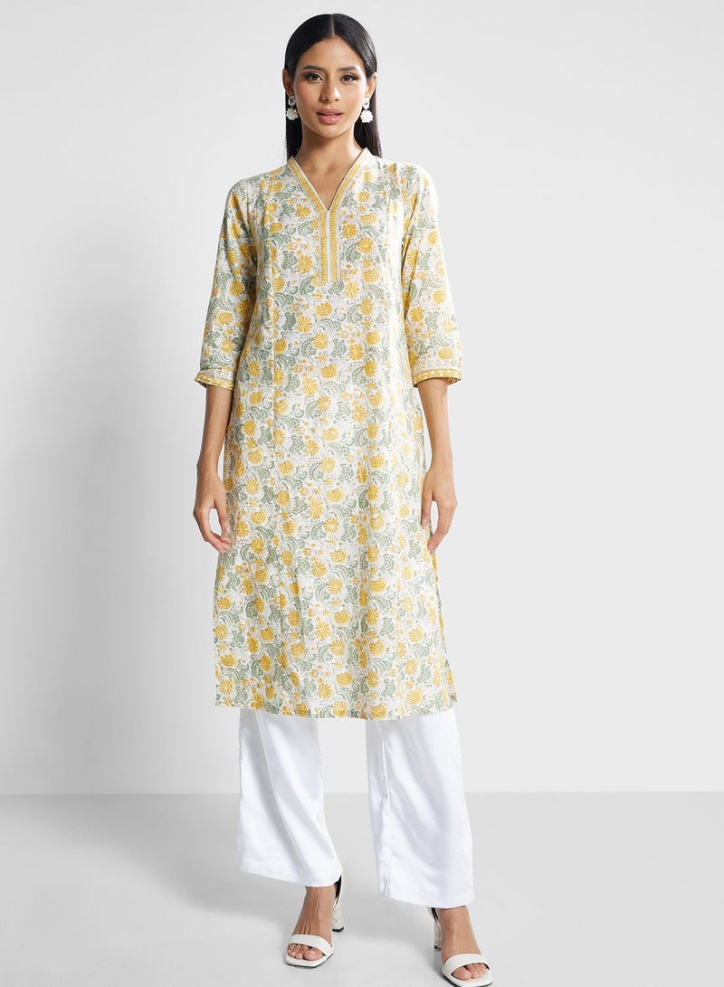 V-Neck Floral Print Kurti