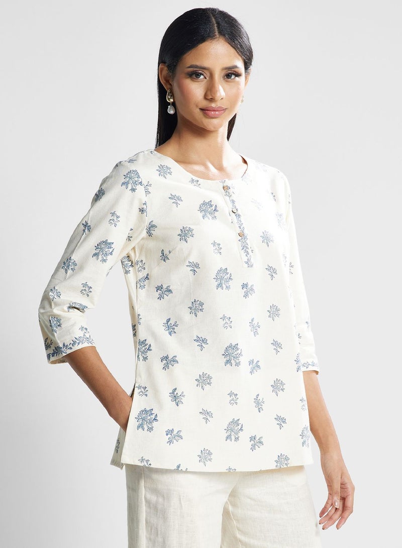 Buttoned Neck Floral Print Kurti