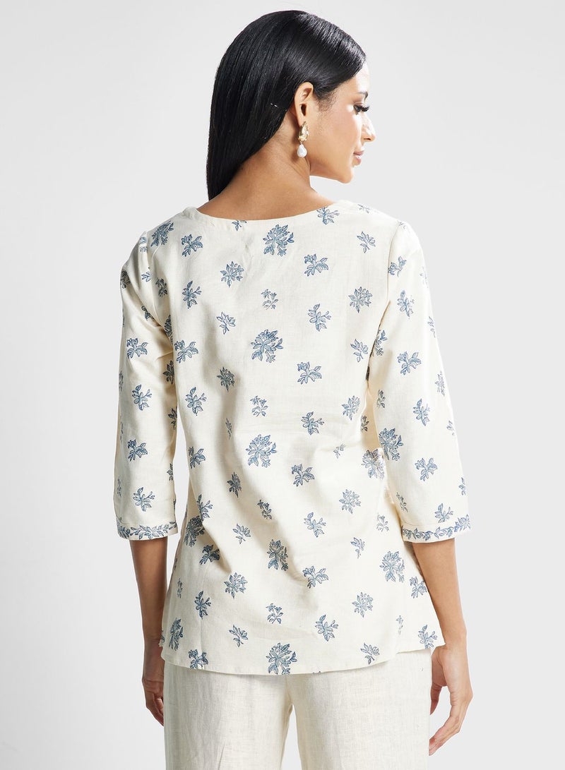 Buttoned Neck Floral Print Kurti