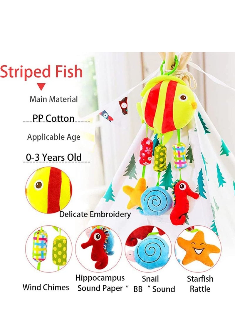 Baby Hanging Rattle Toys Animal Plush Ring Soft, Car Seat Stroller Toys Newborn Crib Bed Around with Wind Bell, Sound, Handle for 0-3 Years Old (Fish)