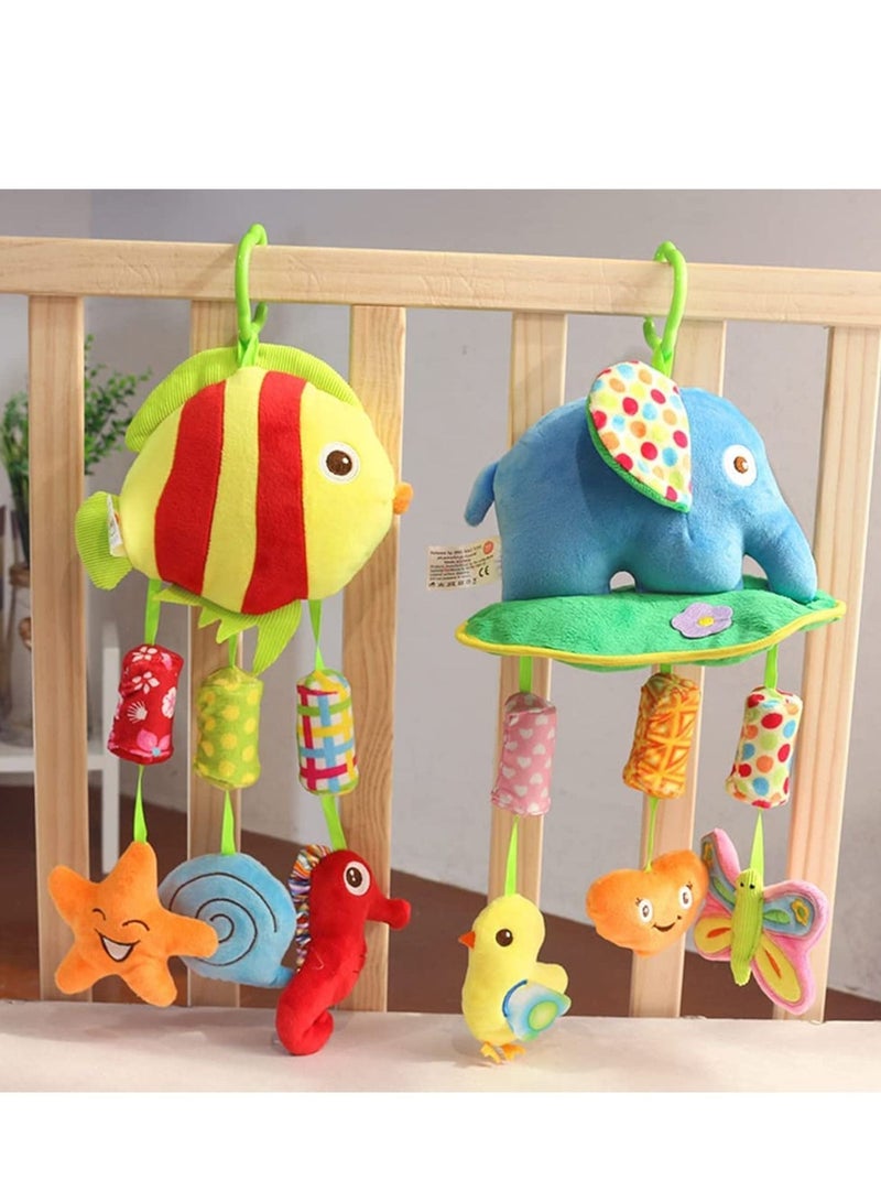 Baby Hanging Rattle Toys Animal Plush Ring Soft, Car Seat Stroller Toys Newborn Crib Bed Around with Wind Bell, Sound, Handle for 0-3 Years Old (Fish)