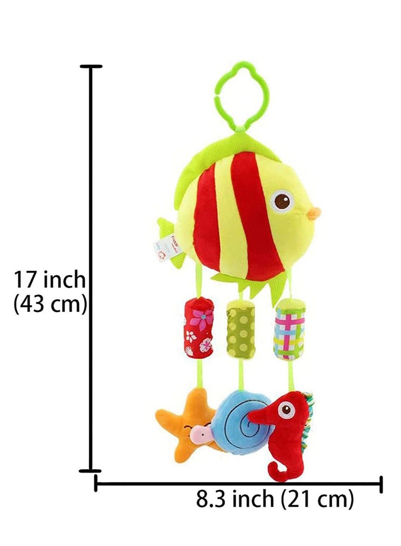 Baby Hanging Rattle Toys Animal Plush Ring Soft, Car Seat Stroller Toys Newborn Crib Bed Around with Wind Bell, Sound, Handle for 0-3 Years Old (Fish)