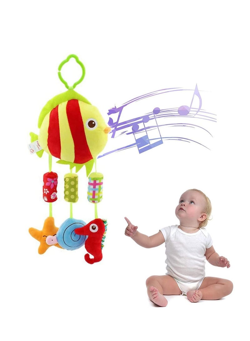 Baby Hanging Rattle Toys Animal Plush Ring Soft, Car Seat Stroller Toys Newborn Crib Bed Around with Wind Bell, Sound, Handle for 0-3 Years Old (Fish)