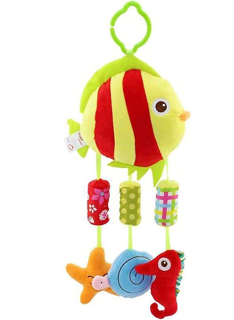 Baby Hanging Rattle Toys Animal Plush Ring Soft, Car Seat Stroller Toys Newborn Crib Bed Around with Wind Bell, Sound, Handle for 0-3 Years Old (Fish)