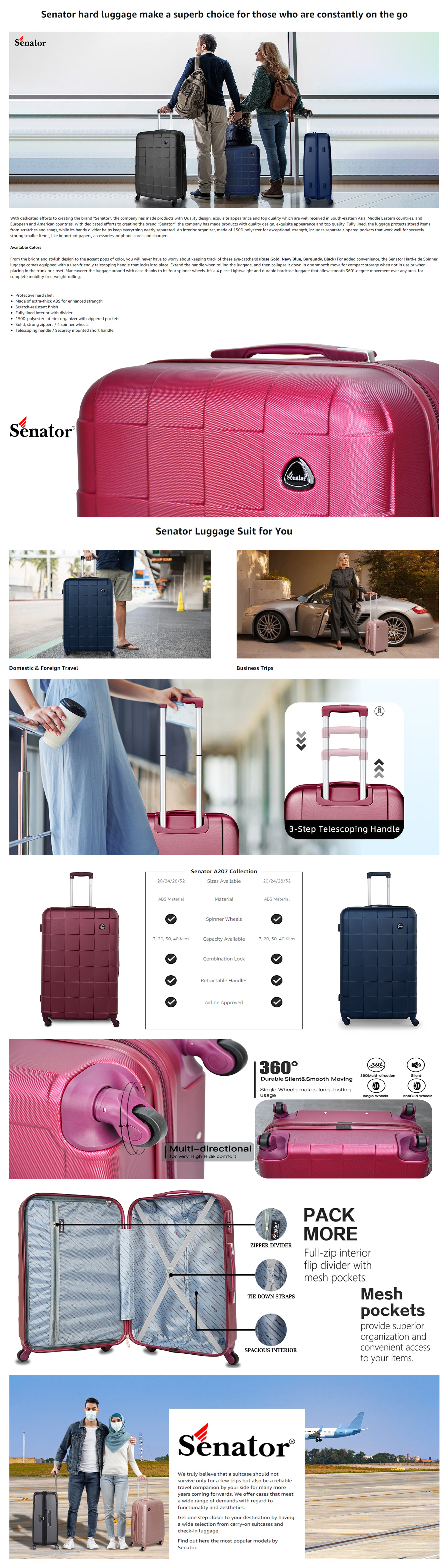 Hard Case Travel Bags Cabin Luggage Trolley ABS Lightweight Suitcase with 4 Spinner Wheels A207 Burgundy