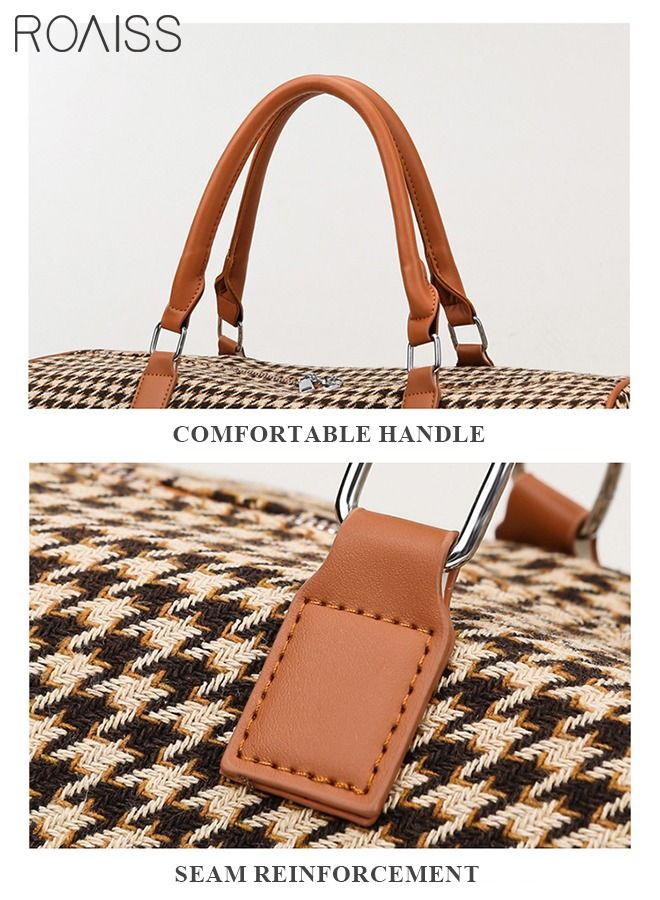 Houndstooth Pattern Large Capacity Duffel Bag Retro Chic Luggage Handbag Wet and Dry Separation Shoes Compartment Crossbody Bag for Women Fitness Sports Trip Brown