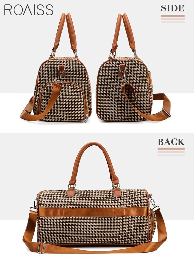 Houndstooth Pattern Large Capacity Duffel Bag Retro Chic Luggage Handbag Wet and Dry Separation Shoes Compartment Crossbody Bag for Women Fitness Sports Trip Brown