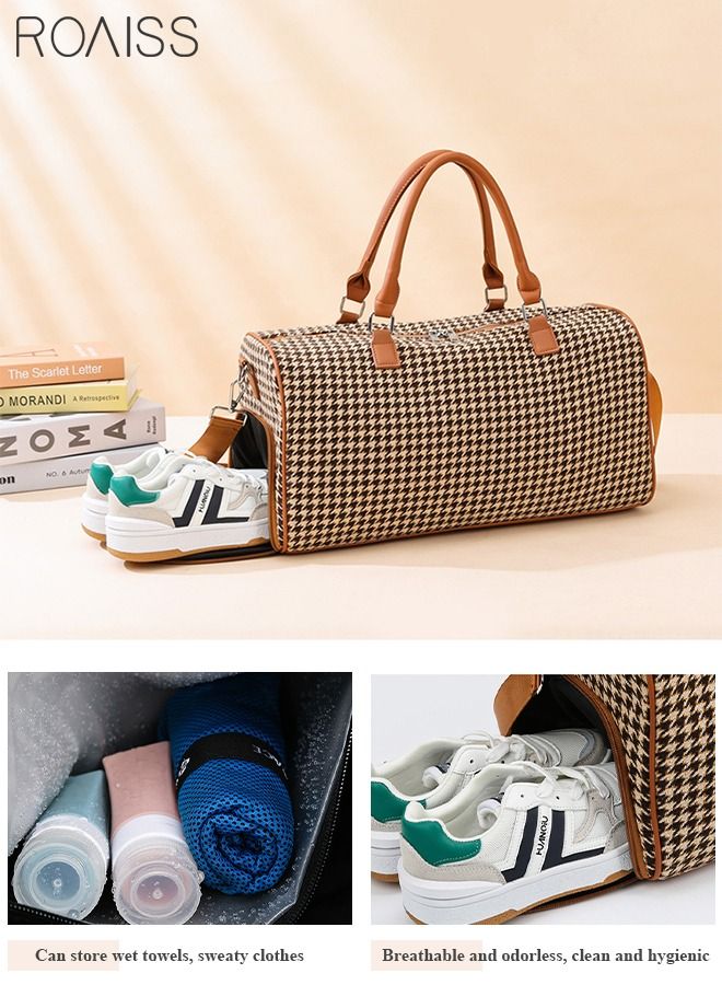 Houndstooth Pattern Large Capacity Duffel Bag Retro Chic Luggage Handbag Wet and Dry Separation Shoes Compartment Crossbody Bag for Women Fitness Sports Trip Brown