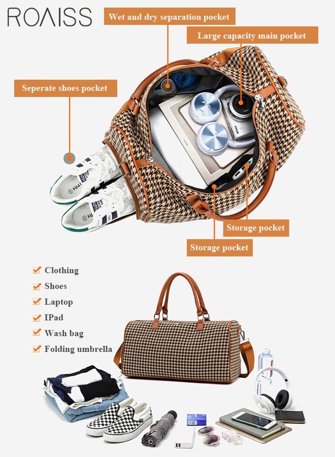 Houndstooth Pattern Large Capacity Duffel Bag Retro Chic Luggage Handbag Wet and Dry Separation Shoes Compartment Crossbody Bag for Women Fitness Sports Trip Brown