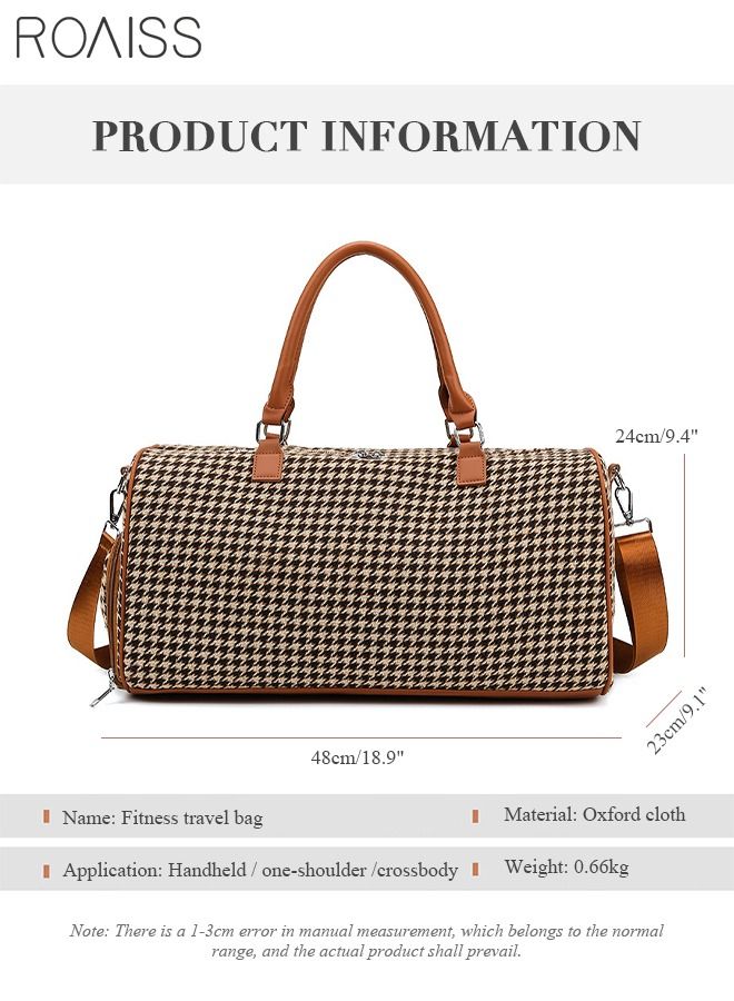 Houndstooth Pattern Large Capacity Duffel Bag Retro Chic Luggage Handbag Wet and Dry Separation Shoes Compartment Crossbody Bag for Women Fitness Sports Trip Brown