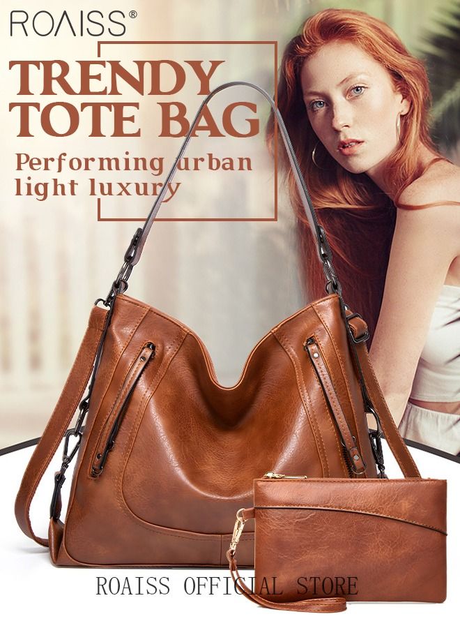 Large Crossbody Bags Ladies Shoulder Handbags Purse Set for Women Hobo Totes PU Leather Purses and Handbags Shoulder Bag Vegan Leather Tote Brown