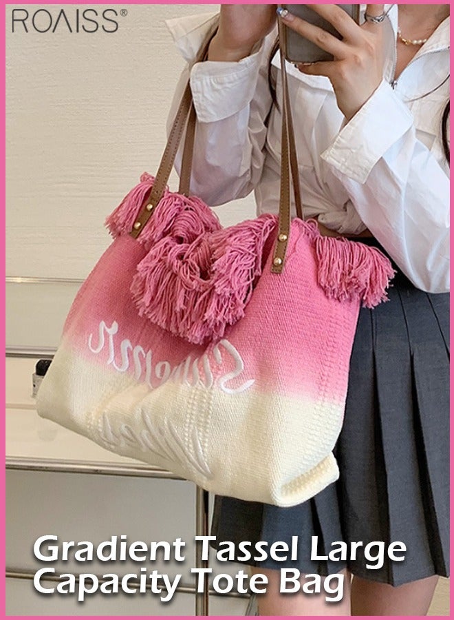 Women's Gradient Canvas Tote Bag Tassel Large Capacity Shoulder Bag Fashion Embroidery Versatile Handbag