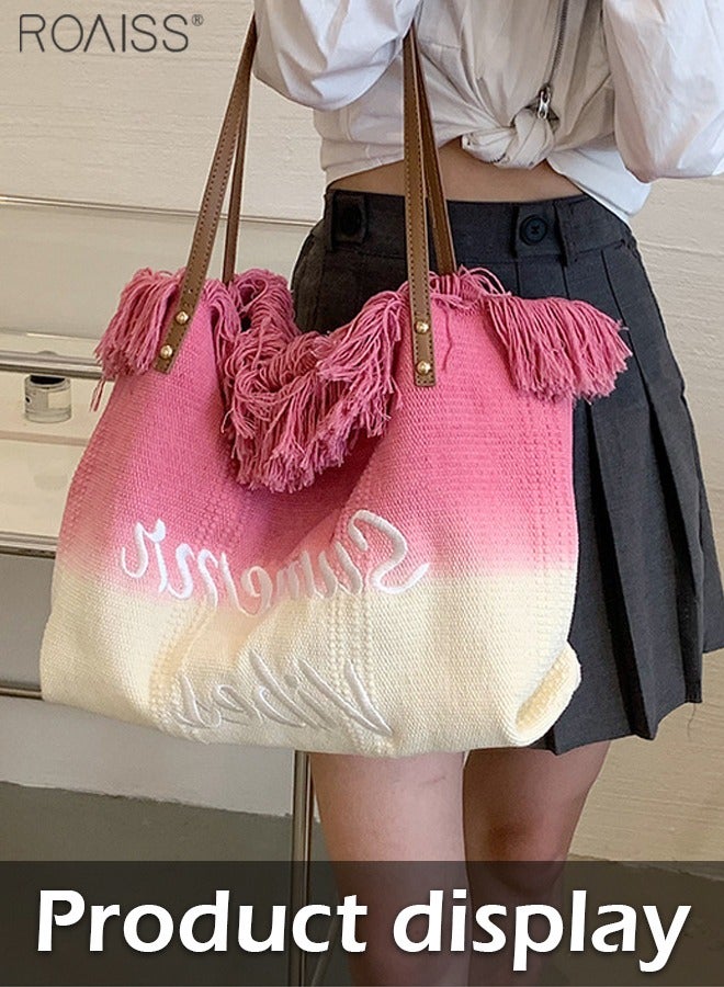 Women's Gradient Canvas Tote Bag Tassel Large Capacity Shoulder Bag Fashion Embroidery Versatile Handbag