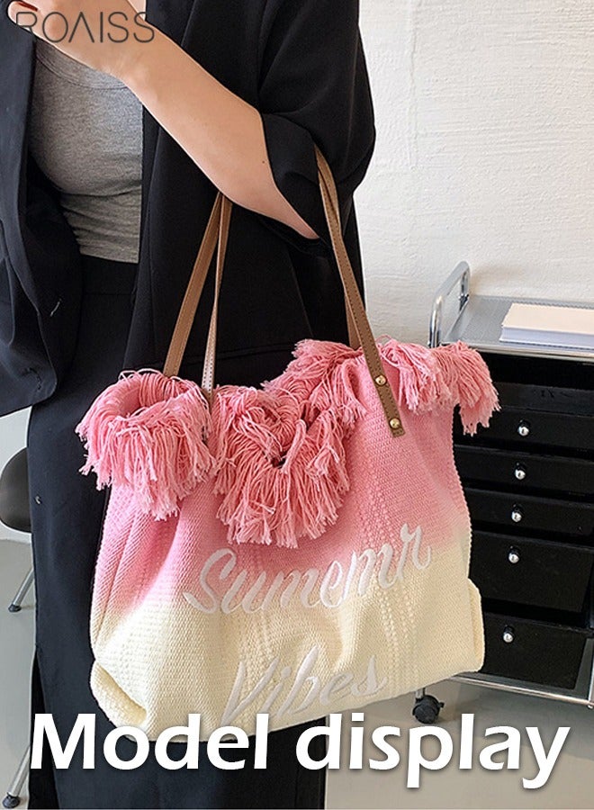 Women's Gradient Canvas Tote Bag Tassel Large Capacity Shoulder Bag Fashion Embroidery Versatile Handbag