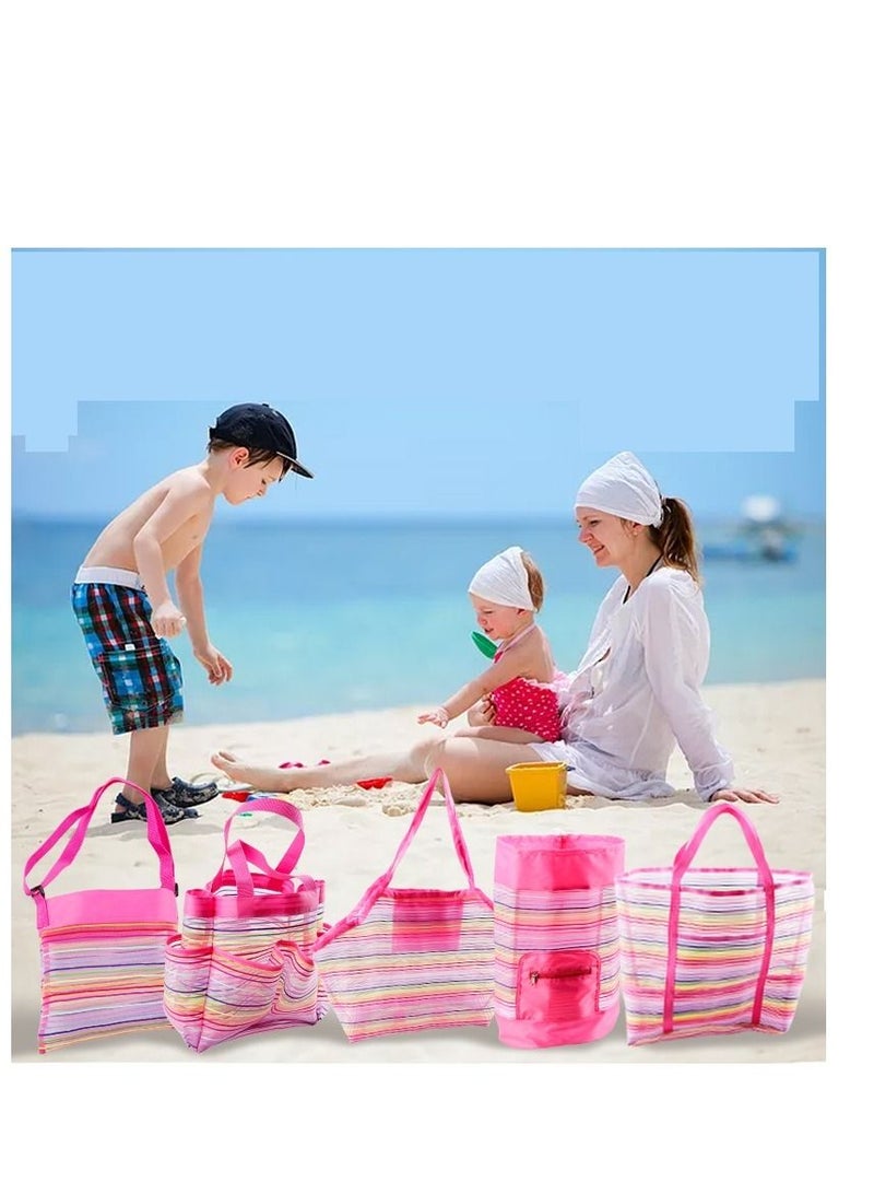 5pcs Beach Tote Bag Beach Toy Storage Bag Beach Shell Bag Kids Beach Bag Mesh Pool Bag Rainbow Mesh Storage Toy Backpack
