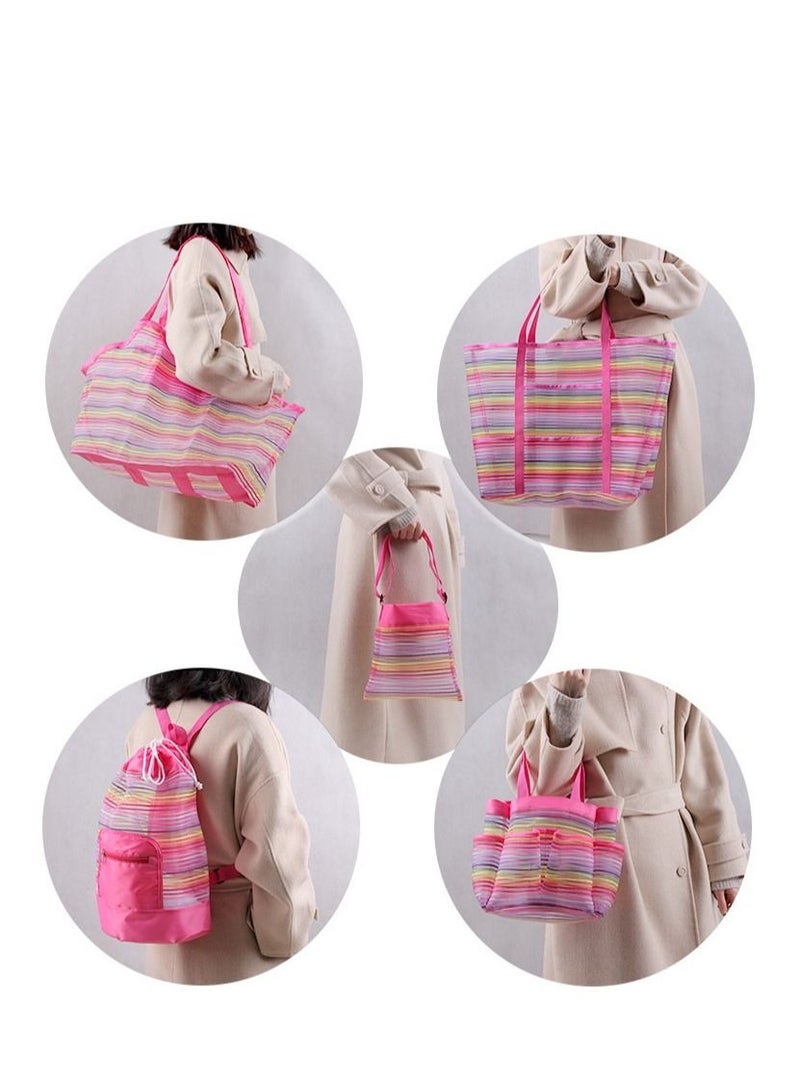 5pcs Beach Tote Bag Beach Toy Storage Bag Beach Shell Bag Kids Beach Bag Mesh Pool Bag Rainbow Mesh Storage Toy Backpack