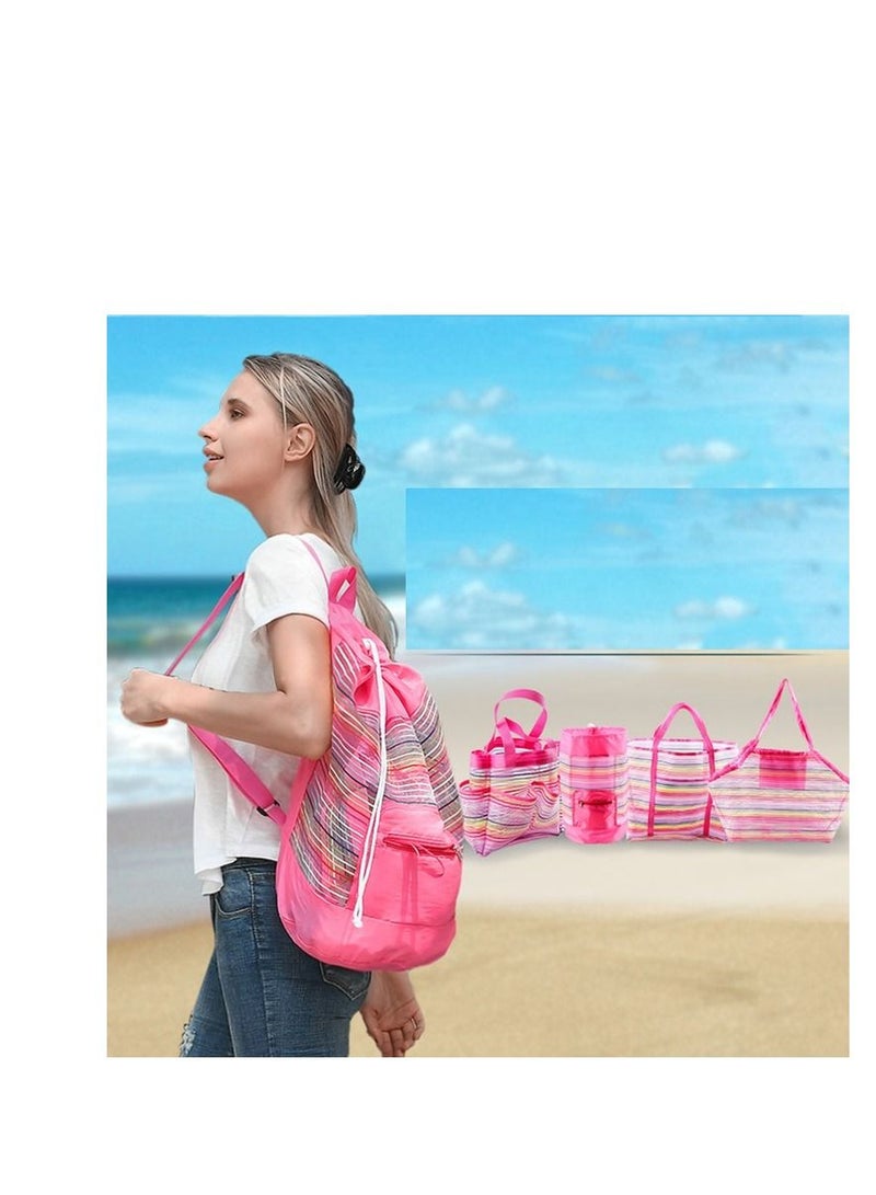 5pcs Beach Tote Bag Beach Toy Storage Bag Beach Shell Bag Kids Beach Bag Mesh Pool Bag Rainbow Mesh Storage Toy Backpack